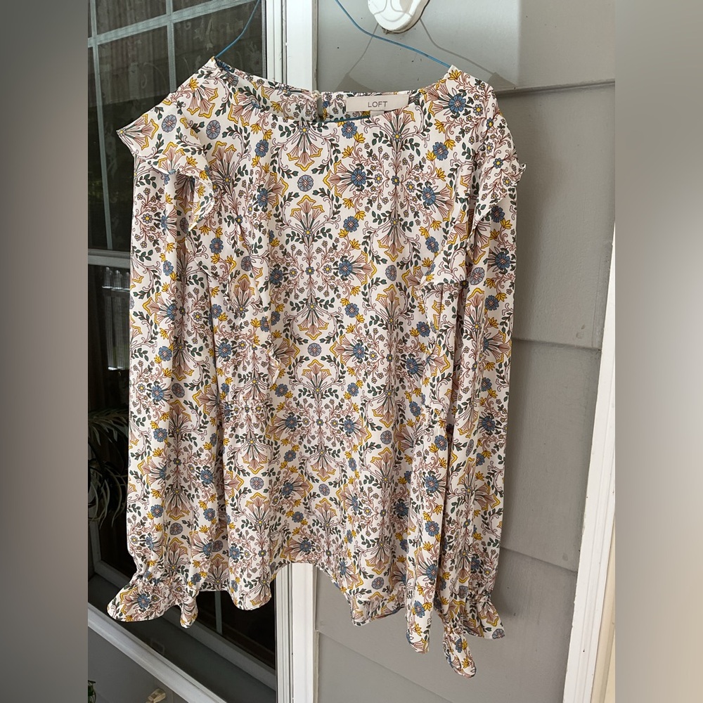 LOFT Floral Ruffle Long-Sleeve Blouse in Cream, Yellow, Blue